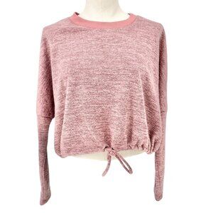 Cure Drawstring Hem Crop Top Womens M Heathered Pink Long Sleeve Polyester Blend